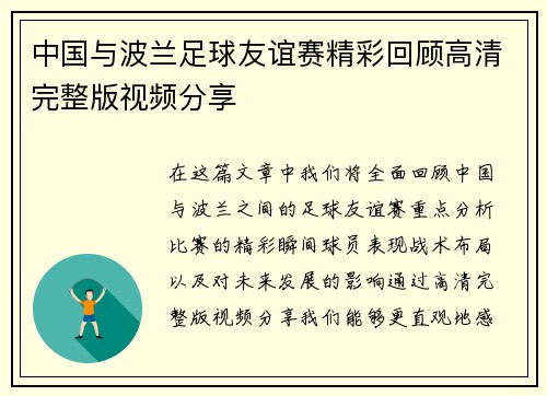 中国与波兰足球友谊赛精彩回顾高清完整版视频分享